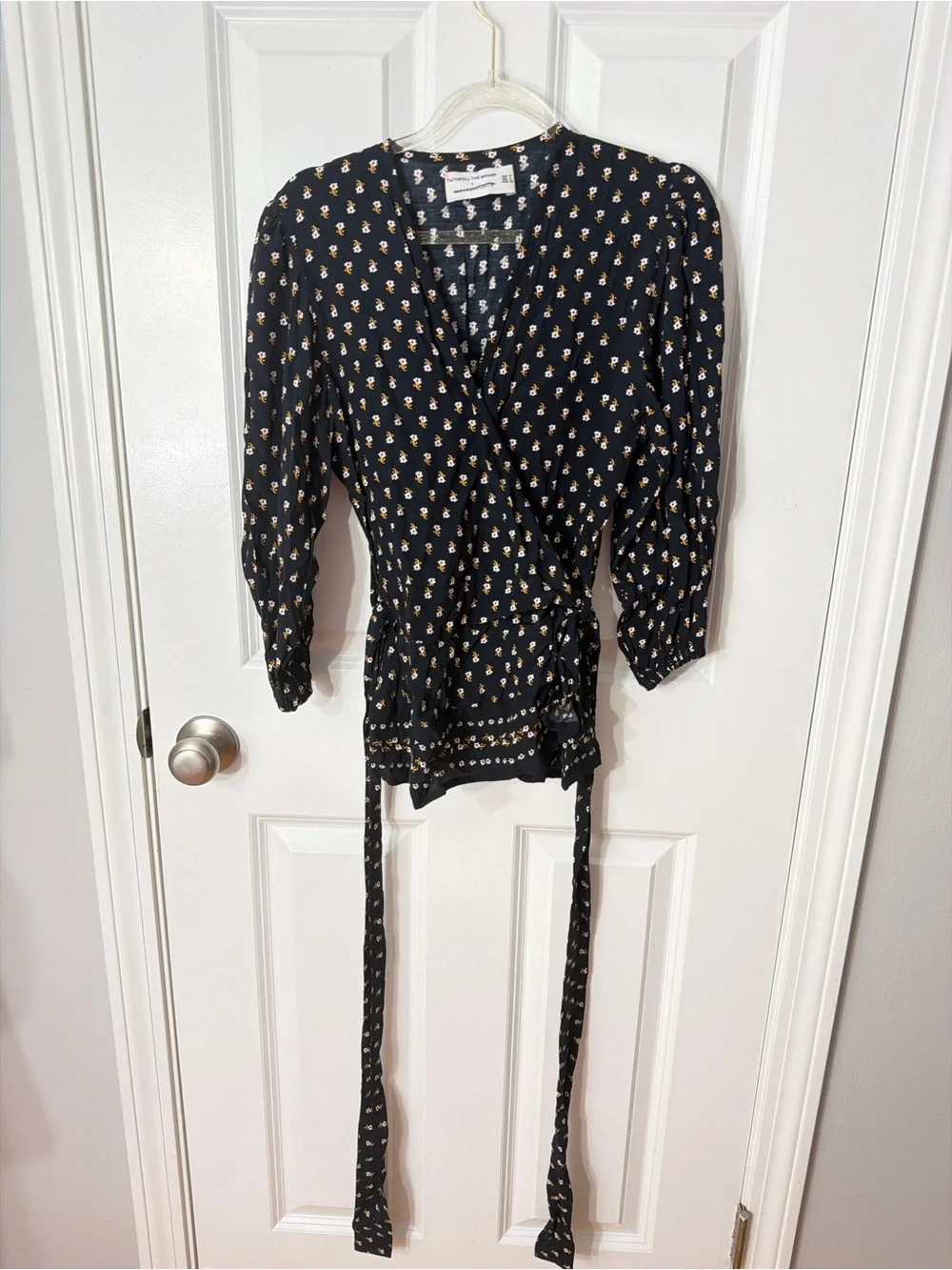 Faithfull the Brand Black Floral Wrap Blouse with Tie Waist